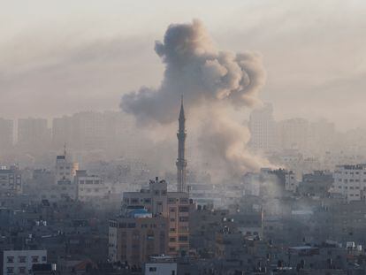 Smoke rises over Gaza City after airstrikes by the Israeli Army on Friday, October 13, 2023.