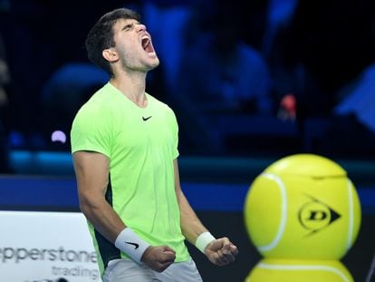 Carlos Alcaraz celebrates during the match against Daniil Medvedev at the Nitto ATP Finals tennis tournament in Turin, Italy, 17 November 2023.