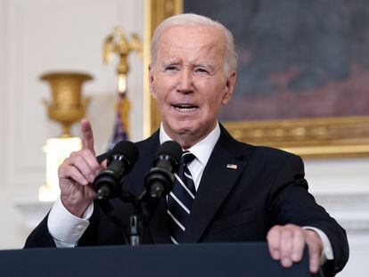 U.S. President Joe Biden delivers remarks on the attacks in Israel in the State Dining Room at the White House on October 7, 2023.